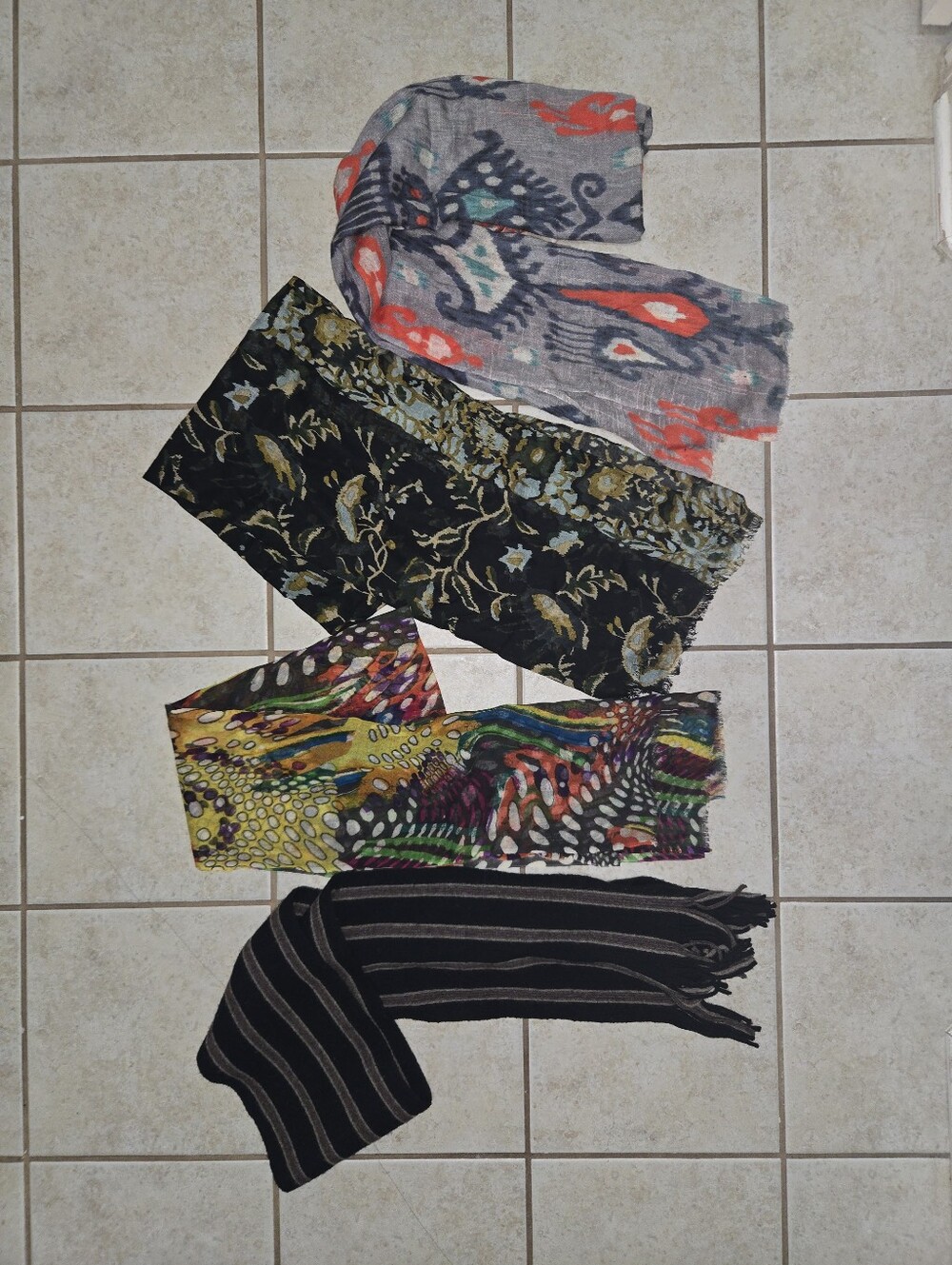 Multiples Four-Piece Scarf Set in Gray, Coral, Black, Yellow, Green, Purple